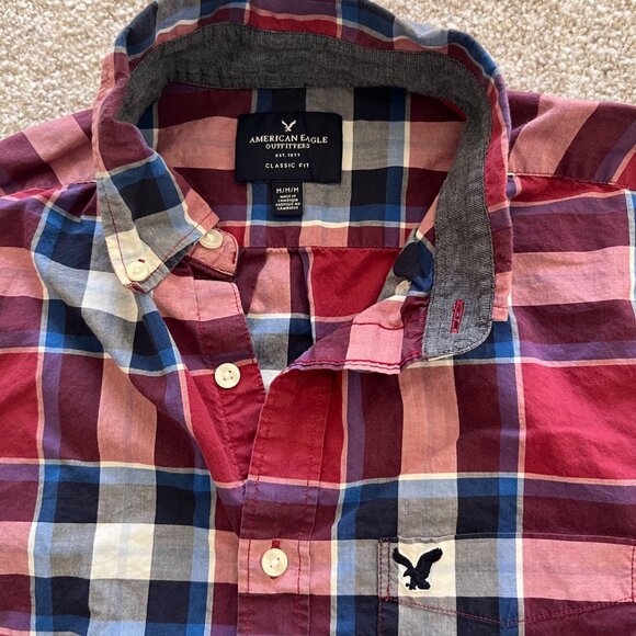 American Eagle Embroidered Red White Blue Plaid Preppy Button-down Long Sleeve M - Picture 2 of 6